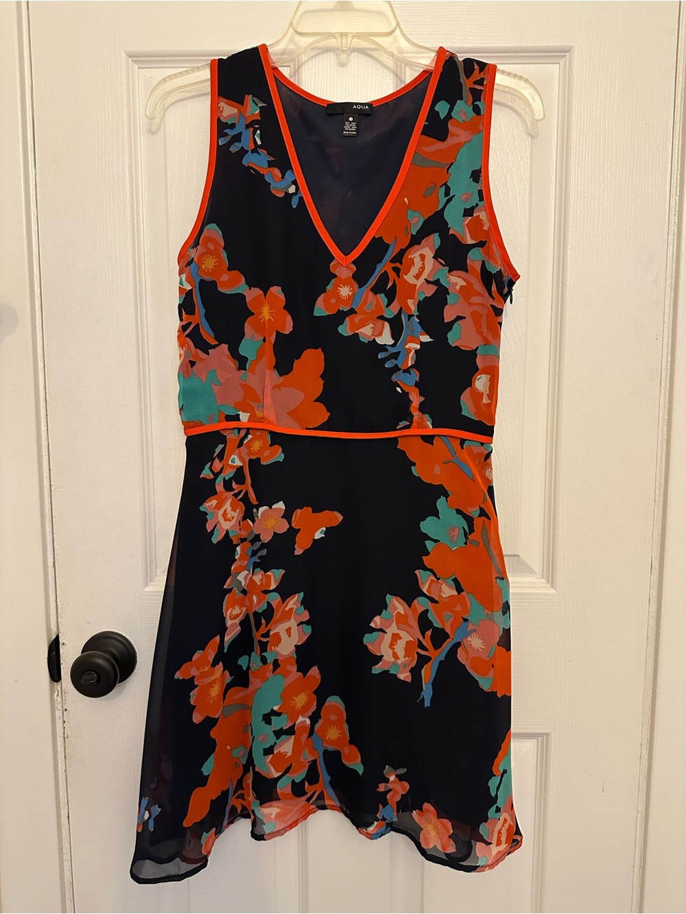AQUA Floral V-Neck Mini Dress with Orange Trim